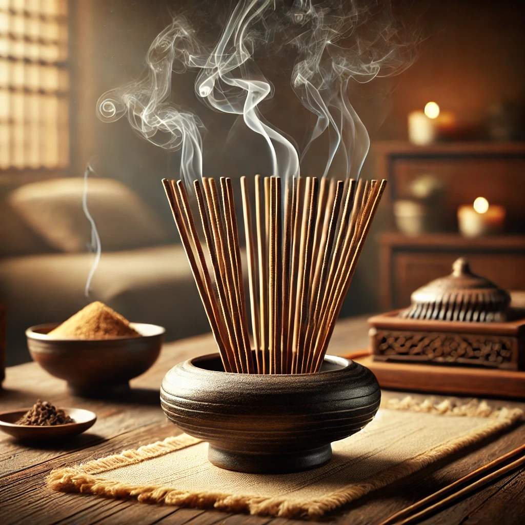 沉香线香smoke rising from the incense. The incense sticks are arrang.webp